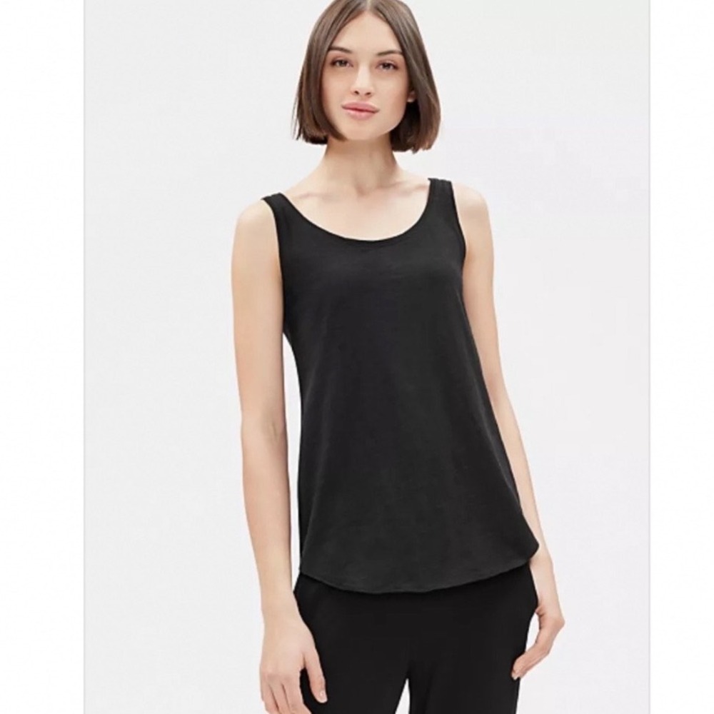Eileen Fisher Womens XS Black Scoop Neck Sleeveless Tank Top Curved Hem